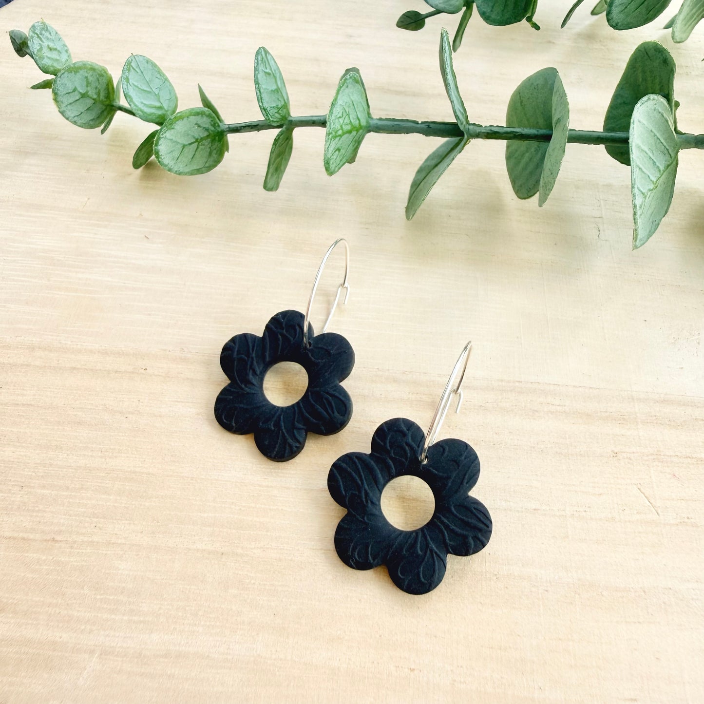 Flower Hoop Earrings - Black