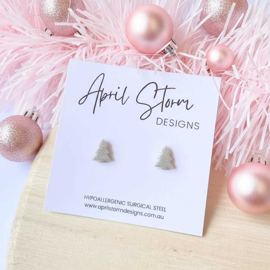 Christmas Tree Stud Earrings - Silver Glitter