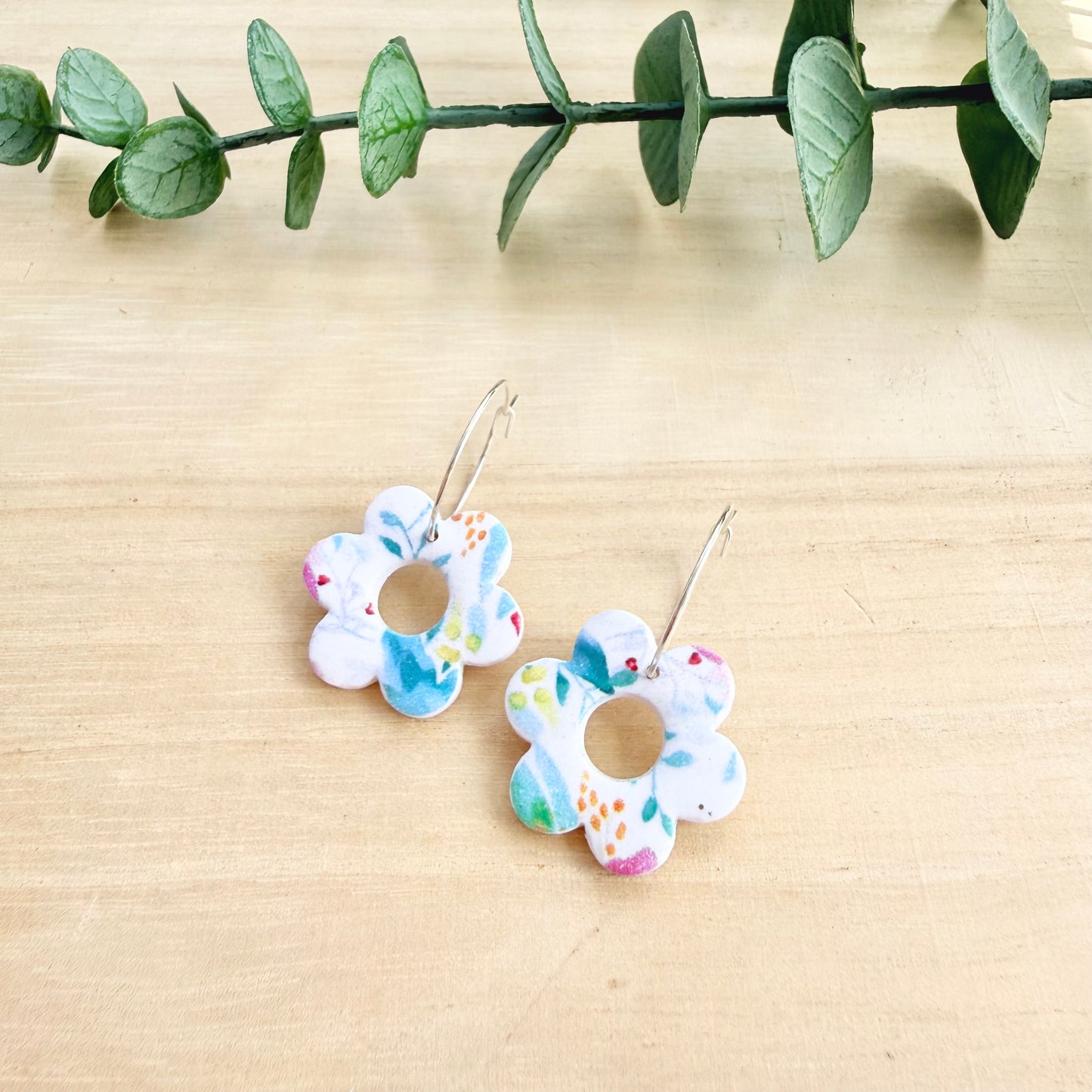 Flower Hoop Earrings - Blue Floral
