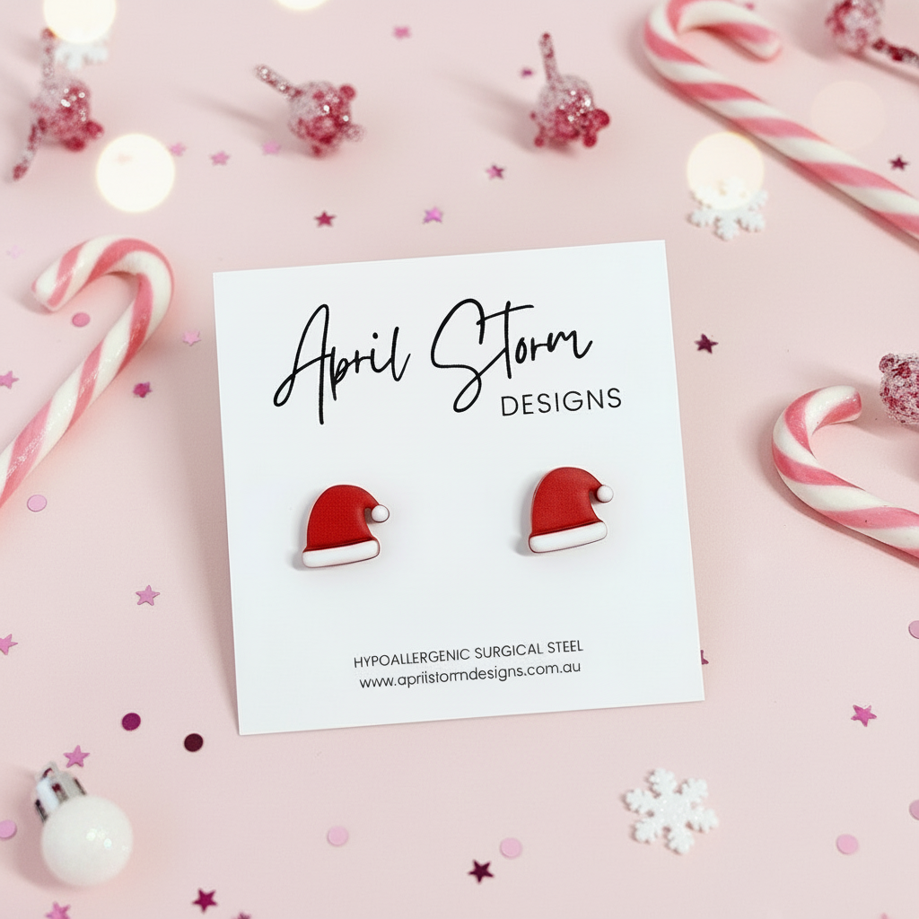 Santa Hat Stud Earrings - Red