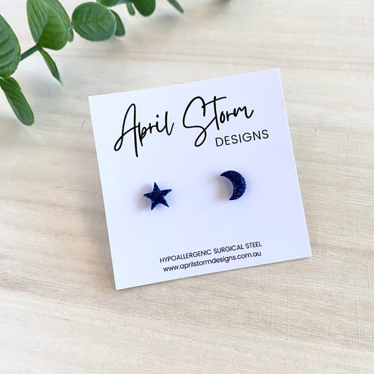 Star & Moon Stud Earrings - Blue Glitter