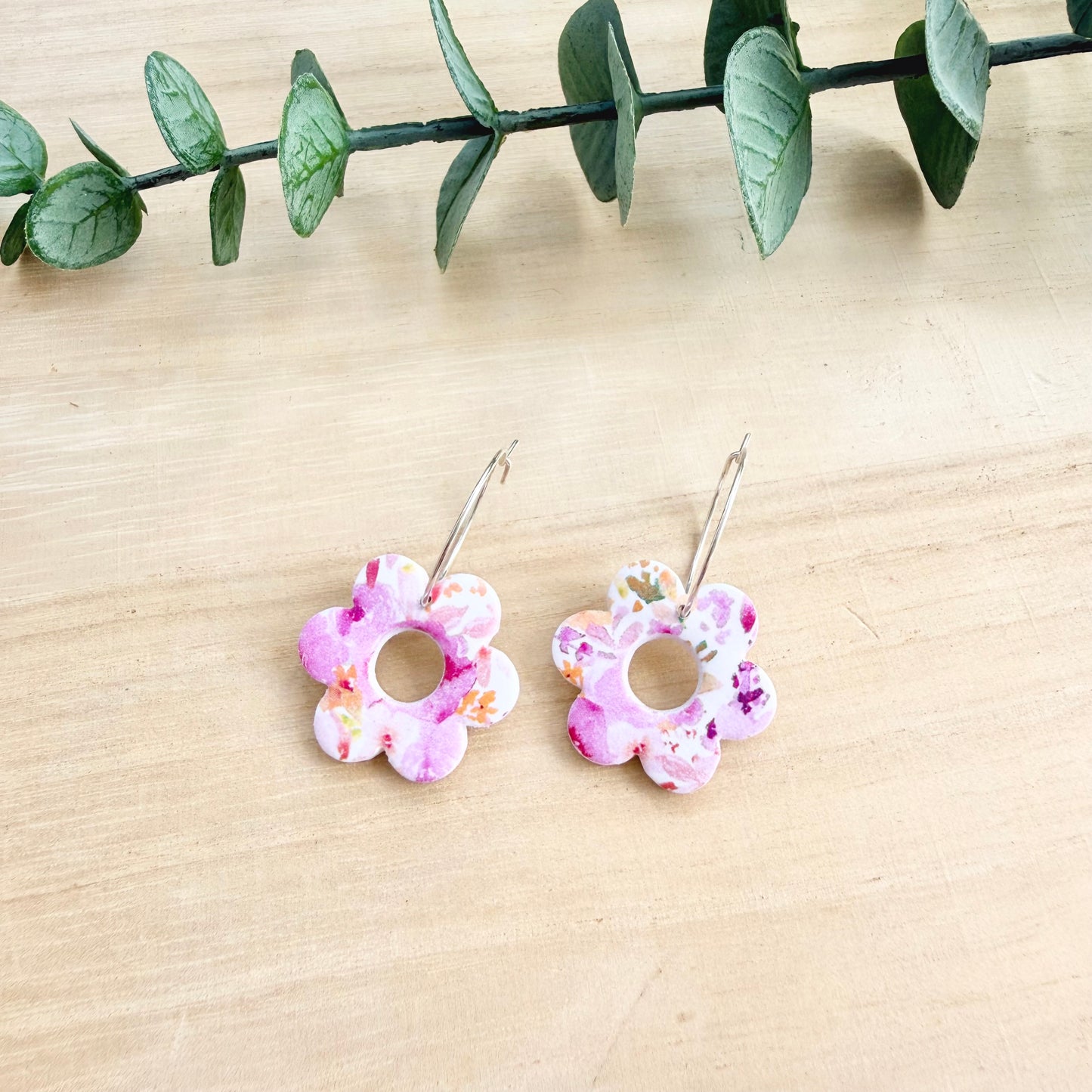 Flower Hoop Earrings - Pink Floral