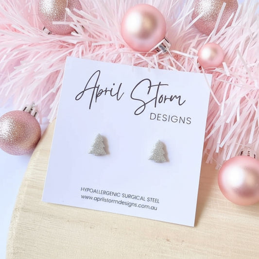 Christmas Tree Stud Earrings - Silver Glitter