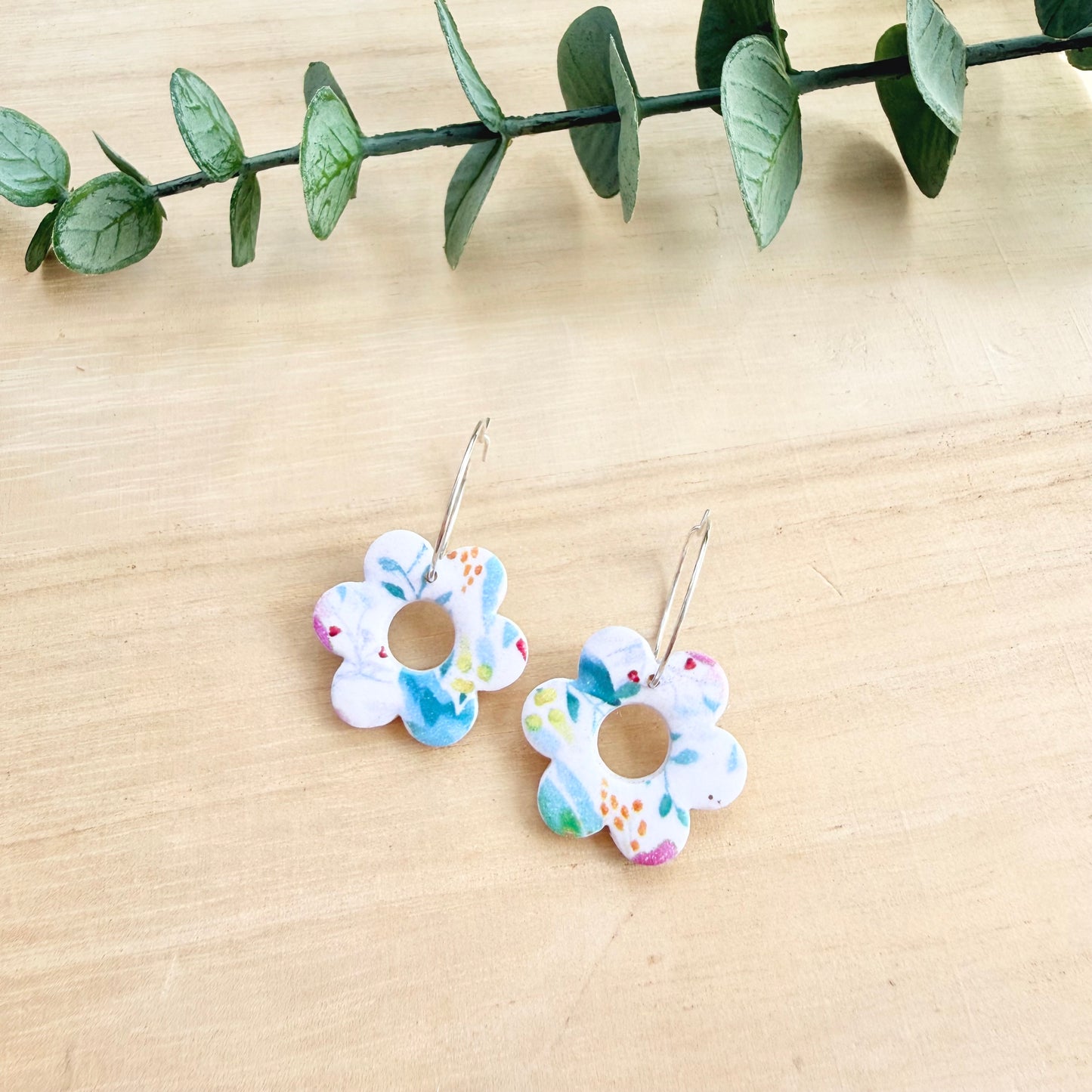 Flower Hoop Earrings - Blue Floral
