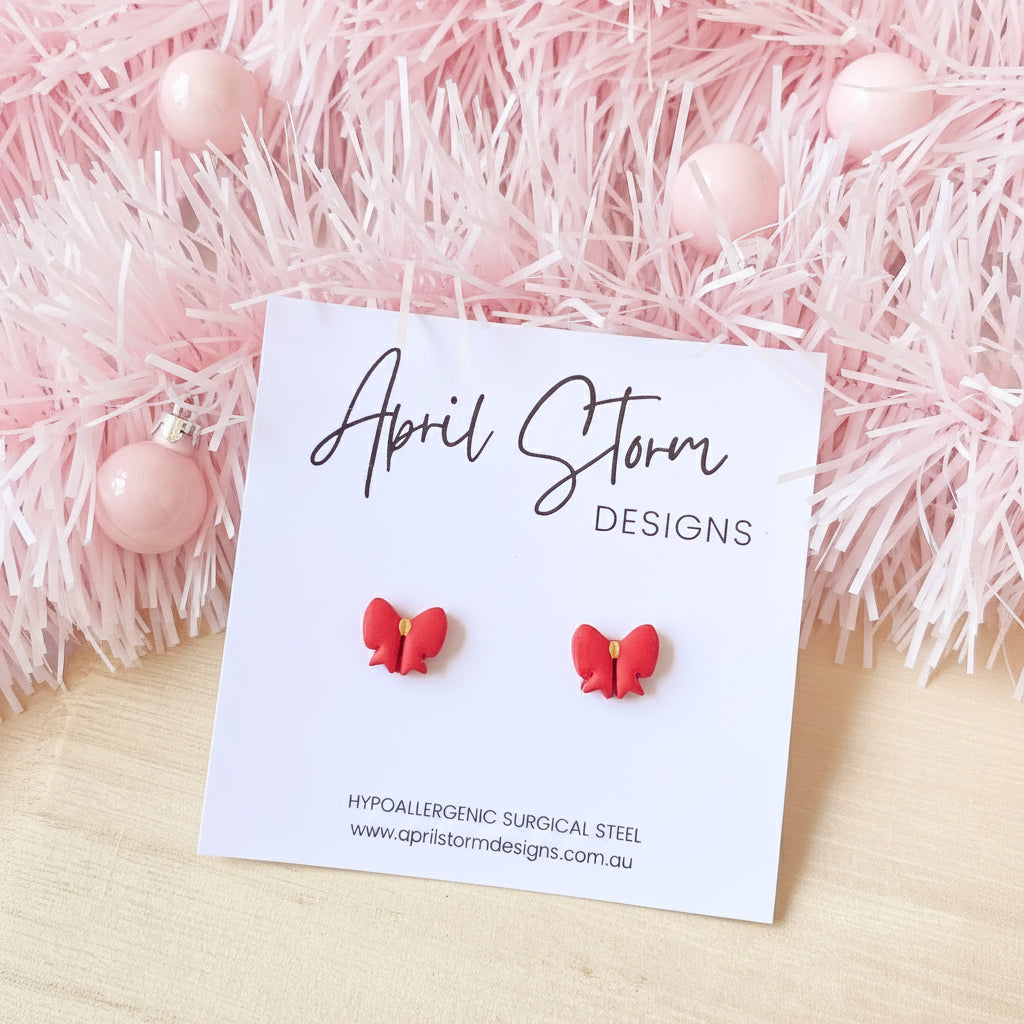Bow Stud Earrings - Red