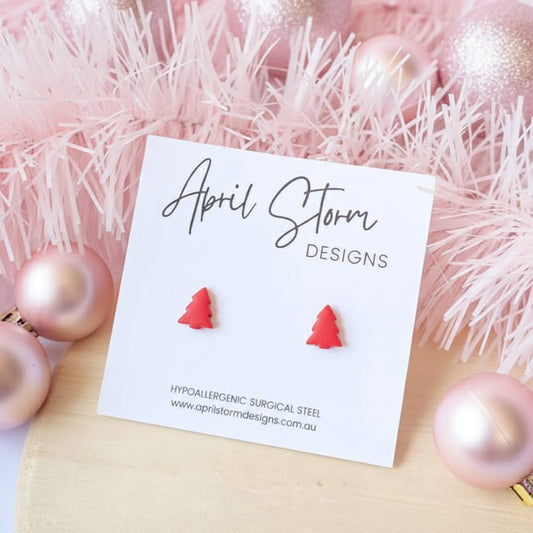 Christmas Tree Stud Earrings - Red
