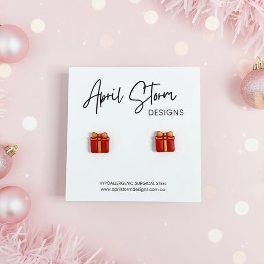 Present Stud Earrings - Red & Gold