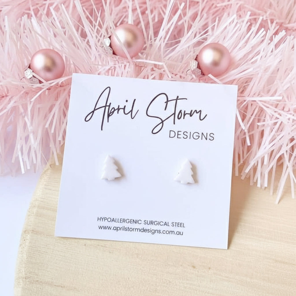 Christmas Tree Stud Earrings - White