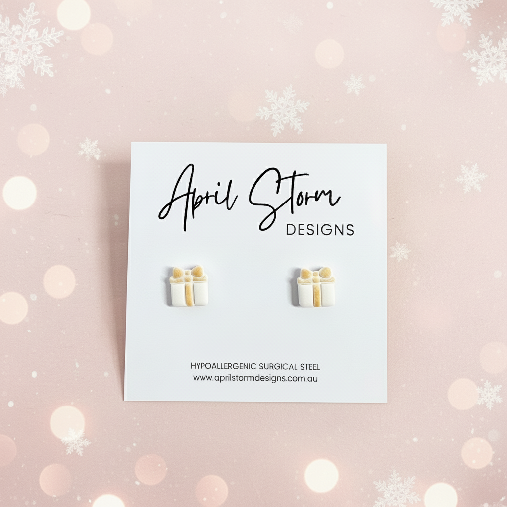 Present Stud Earrings - White & Gold