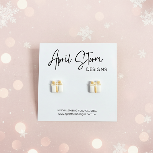 Present Stud Earrings - White & Gold
