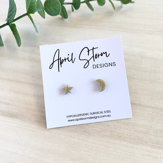 Star & Moon Stud Earrings - Gold Glitter