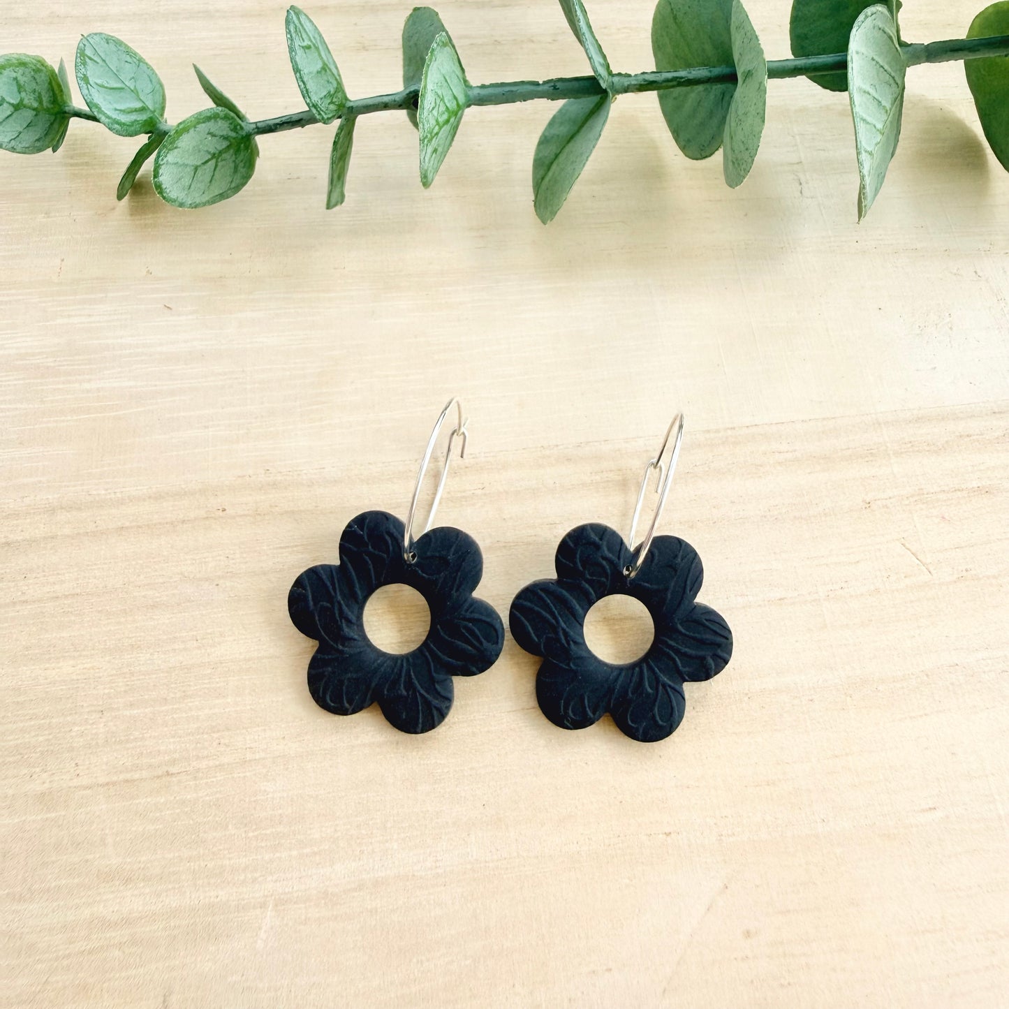 Flower Hoop Earrings - Black