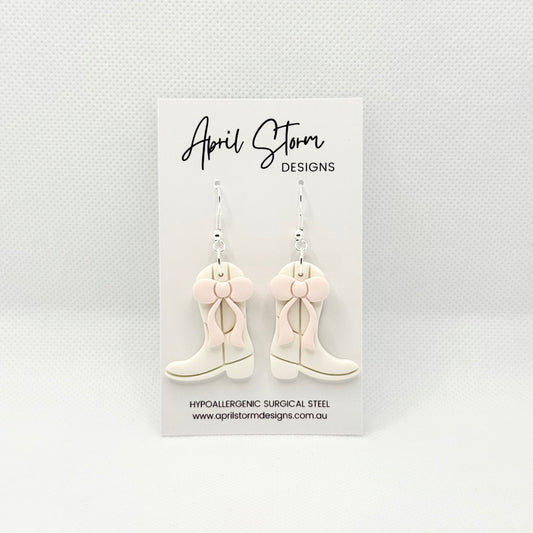 Western Boots Statement Dangles - White & Pink