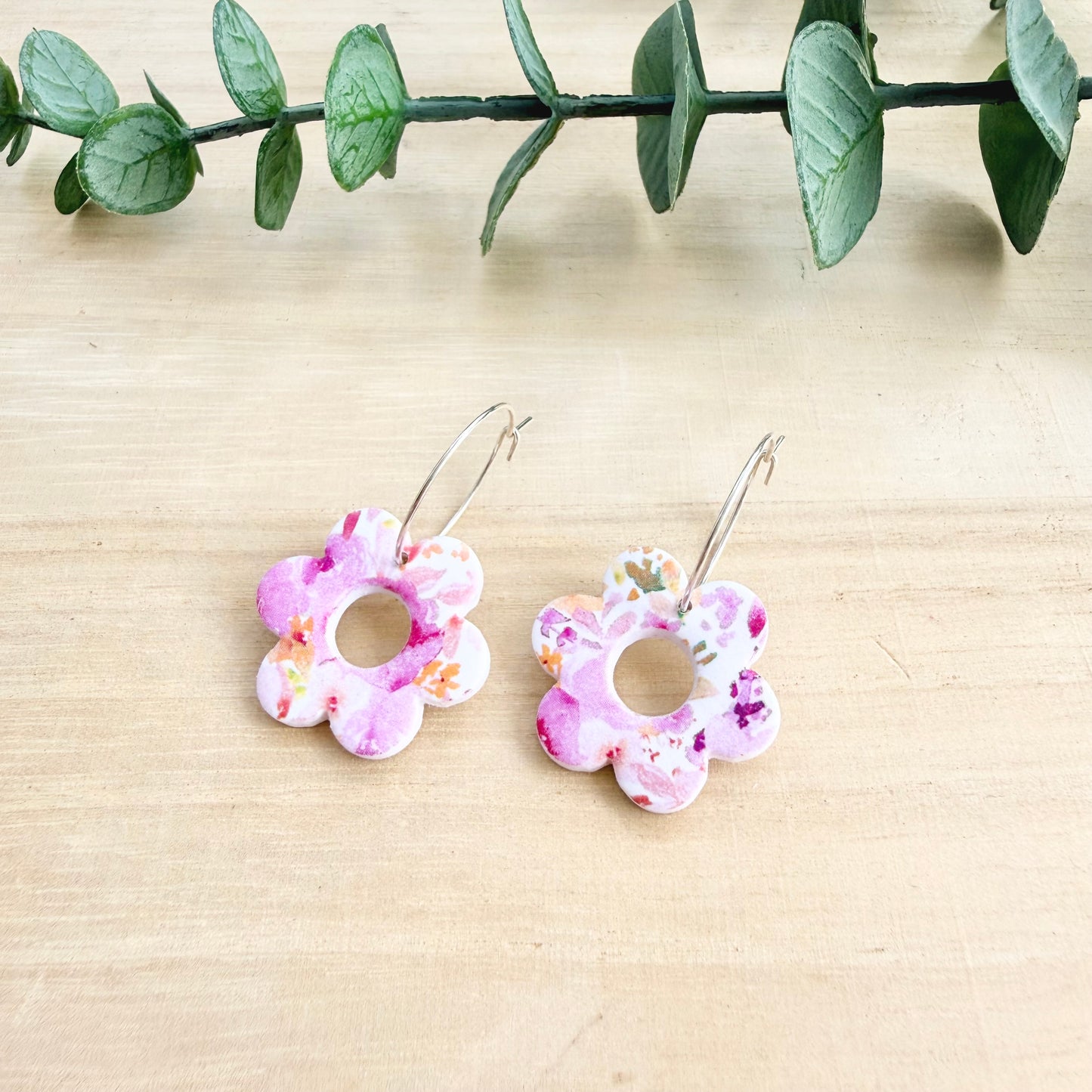 Flower Hoop Earrings - Pink Floral