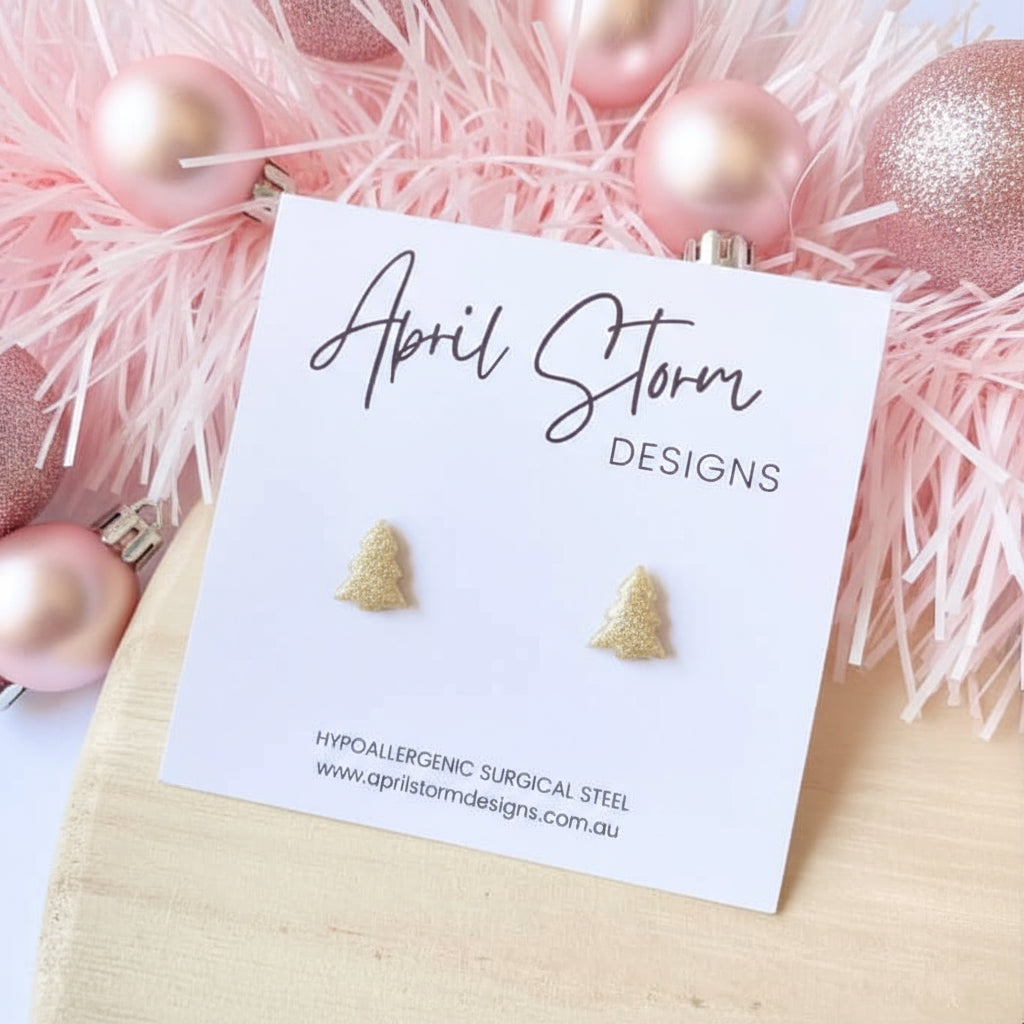 Christmas Tree Stud Earrings - Gold Glitter